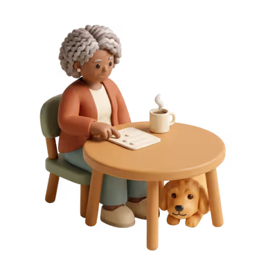 A woman at a kitchen table touches a small card with three blank lines, while a golden puppy peeks out from under the table.