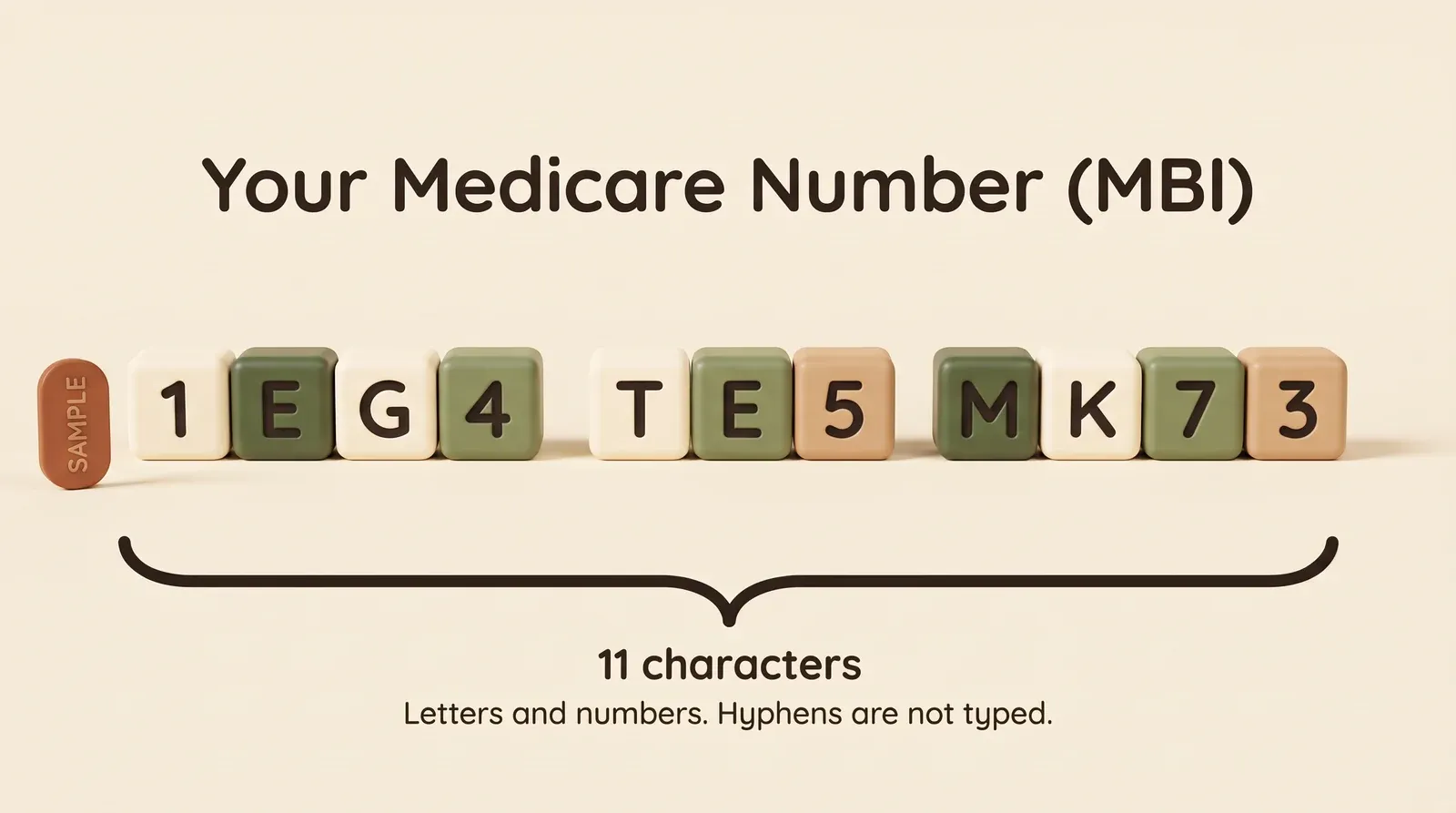 Infographic titled "Your Medicare Number (MBI)." Eleven tiles spell a sample number, 1EG4-TE5-MK73, in groups of four, three, and four. A tag reads "Sample." A bracket under the tiles reads "11 characters. Letters and numbers. Hyphens are not typed."