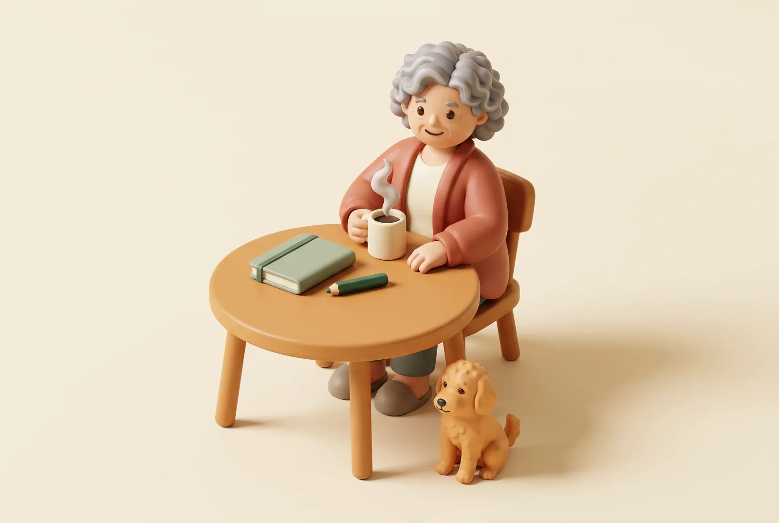 A woman with silver curly hair sits at a round kitchen table with a cup of coffee, a notebook, and a pencil. A small golden puppy sits by her feet.