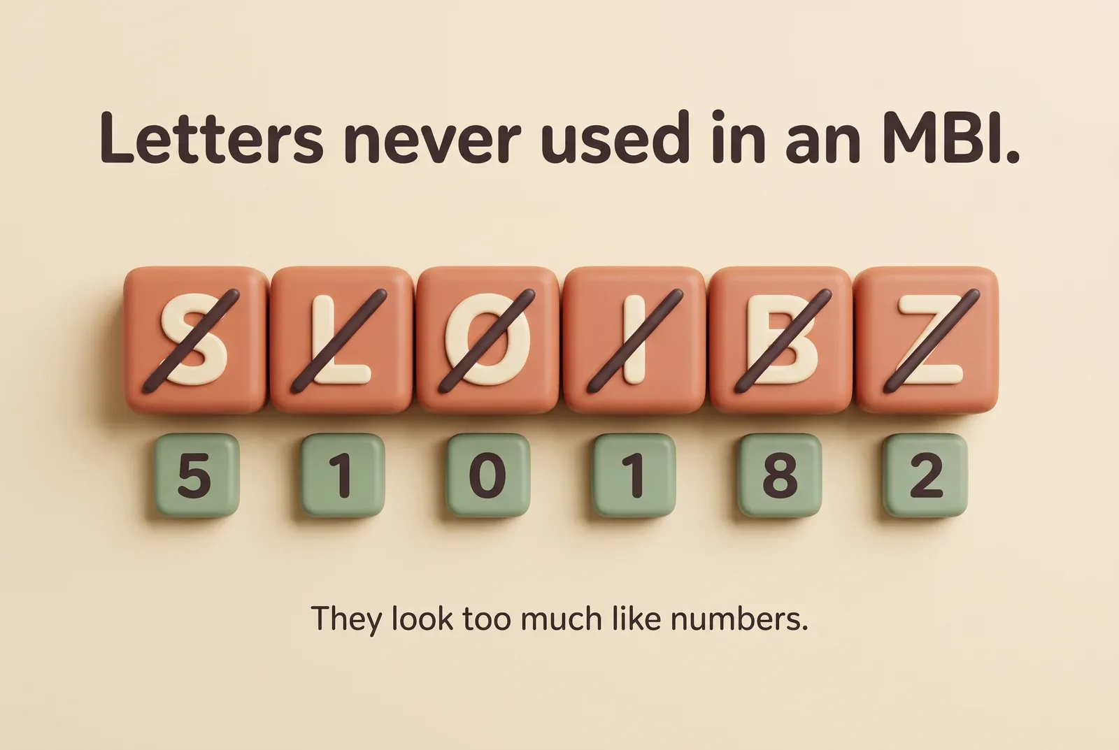 Infographic titled "Letters never used in an MBI." Six crossed-out letter tiles, S, L, O, I, B, and Z, sit above the numbers each one looks like: 5, 1, 0, 1, 8, and 2. Caption: "They look too much like numbers."