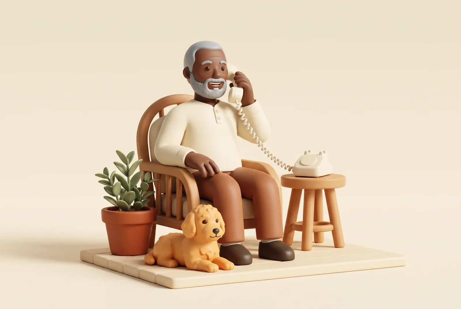 A man with a silver beard smiles while talking on a corded telephone in a porch chair. A potted plant stands beside him and a golden puppy lies at his feet.
