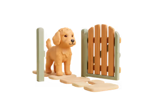A small garden gate stands wide open with a short path of stepping stones through it, and a golden puppy stands beside the gate.
