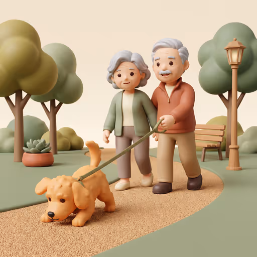 An older couple walks a golden puppy along a park path.