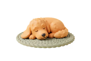 A golden puppy sleeps curled up on a small round woven mat.